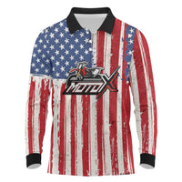 Personalized Motocross Rider Long Sleeve Polo Shirt with American Flag and Thin Blue Line Pattern - Wonder Print Shop