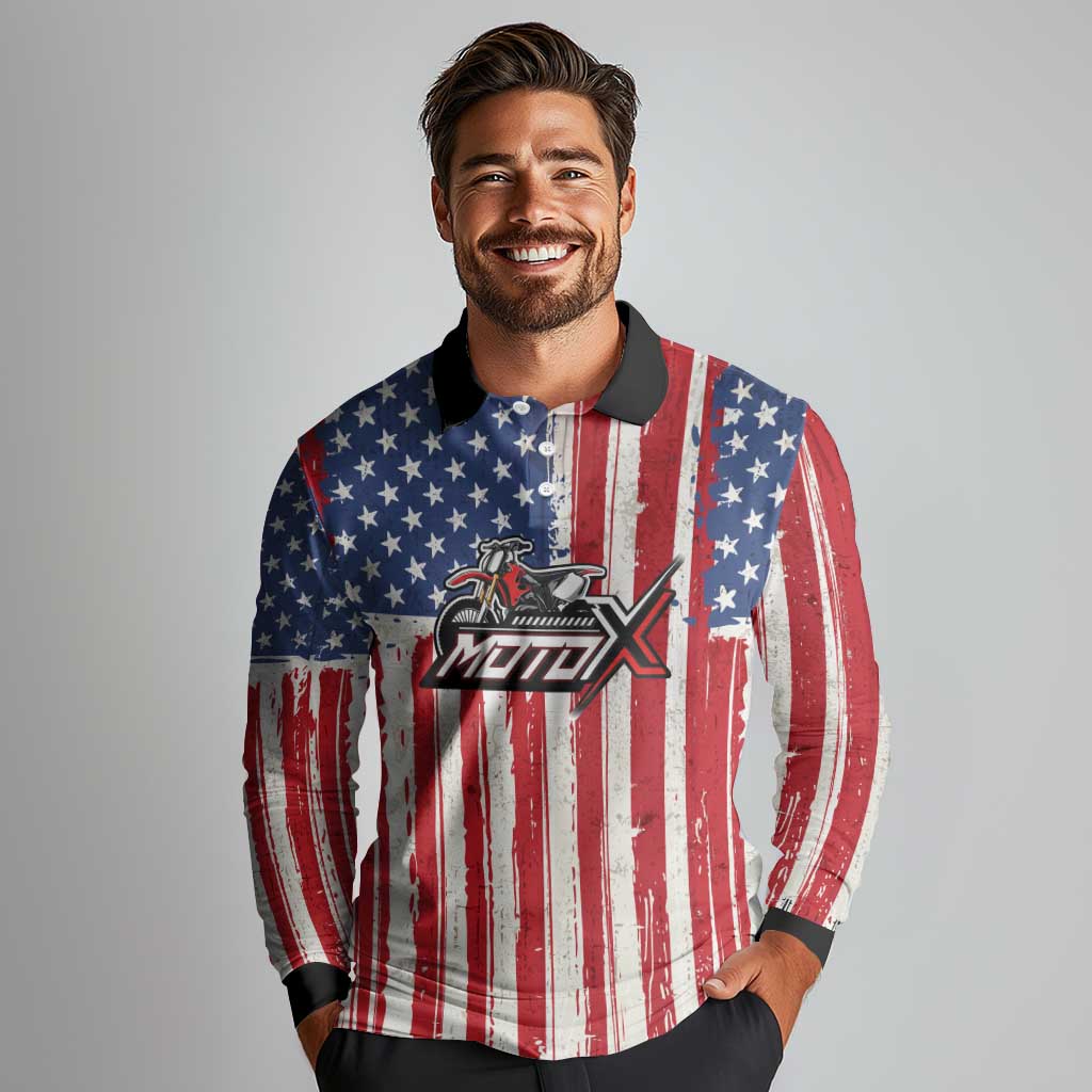 Personalized Motocross Rider Long Sleeve Polo Shirt with American Flag and Thin Blue Line Pattern - Wonder Print Shop