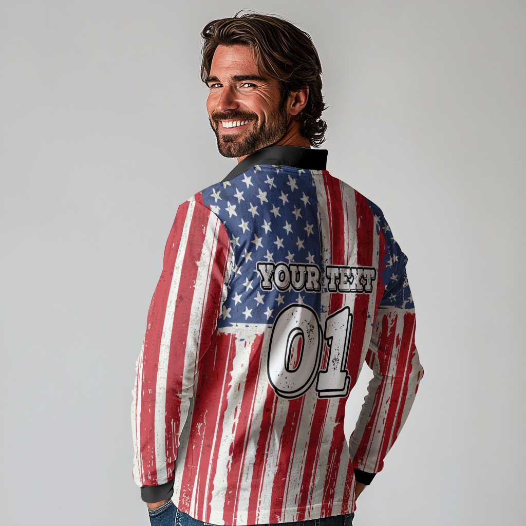 Personalized Motocross Rider Long Sleeve Polo Shirt with American Flag and Thin Blue Line Pattern - Wonder Print Shop