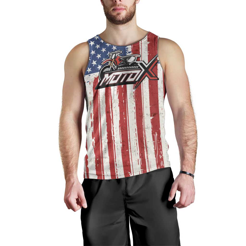 Personalized Motocross Rider Men Tank Top with American Flag and Thin Blue Line Pattern - Wonder Print Shop