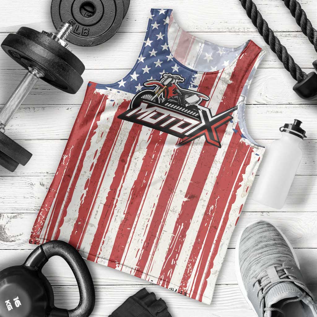 Personalized Motocross Rider Men Tank Top with American Flag and Thin Blue Line Pattern - Wonder Print Shop