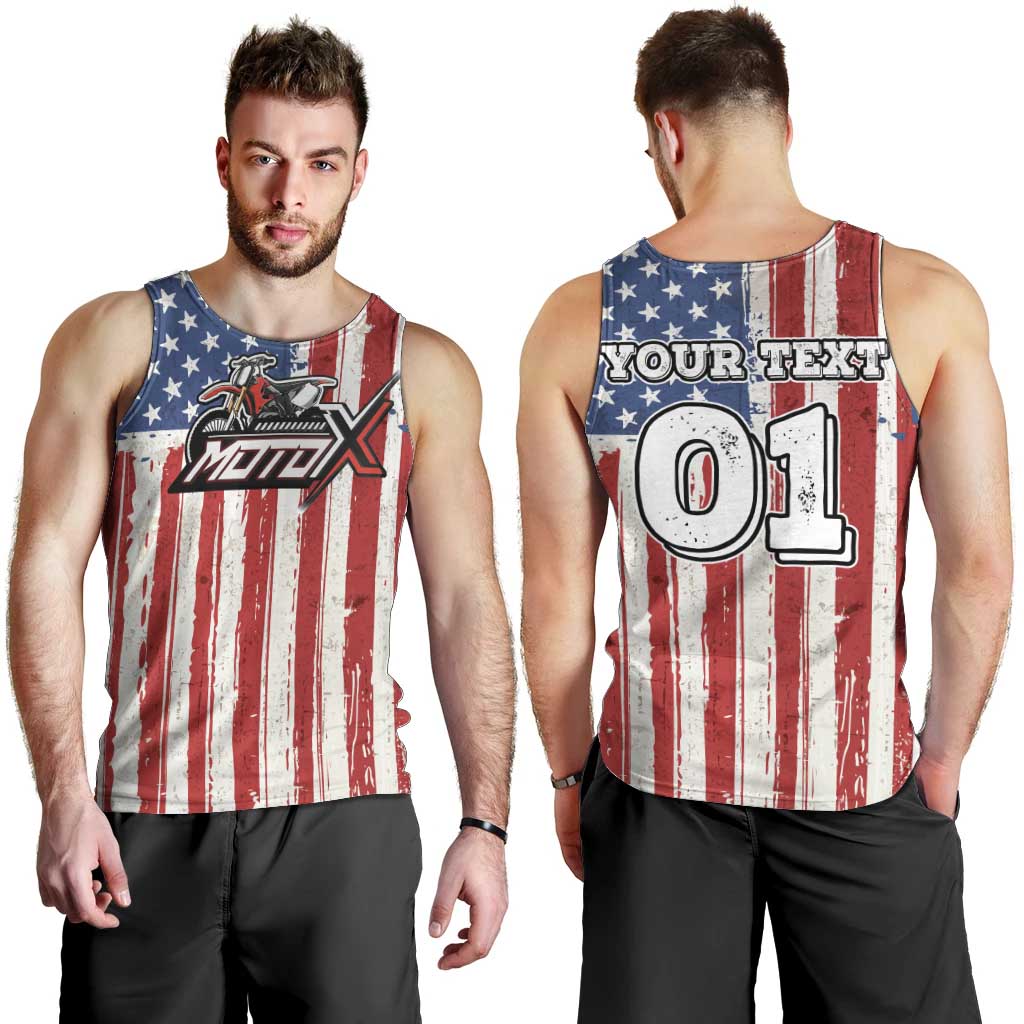 Personalized Motocross Rider Men Tank Top with American Flag and Thin Blue Line Pattern - Wonder Print Shop