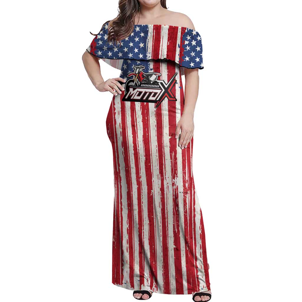 Personalized Motocross Rider Off Shoulder Maxi Dress with American Flag and Thin Blue Line Pattern - Wonder Print Shop