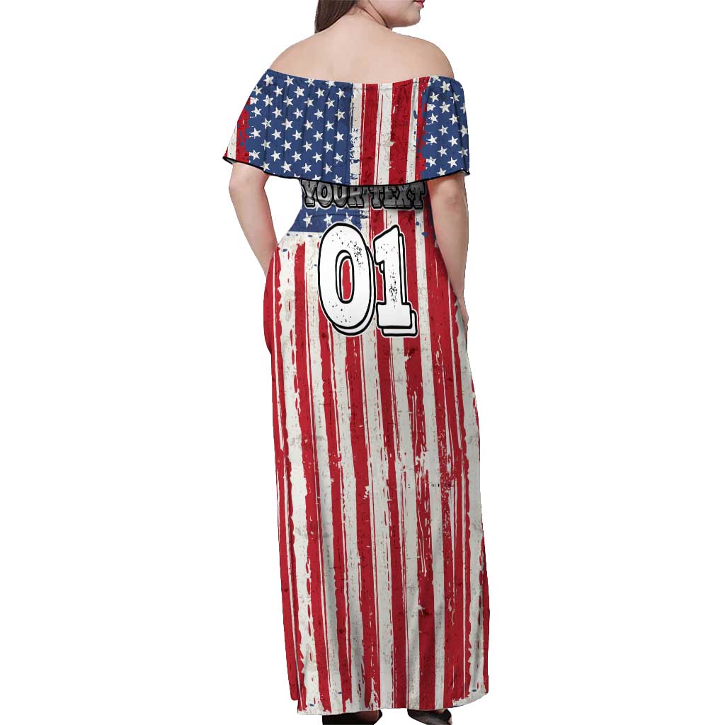 Personalized Motocross Rider Off Shoulder Maxi Dress with American Flag and Thin Blue Line Pattern - Wonder Print Shop