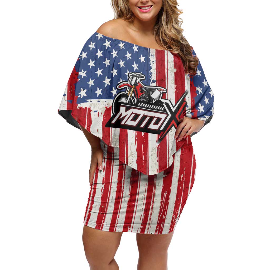 Personalized Motocross Rider Off Shoulder Short Dress with American Flag and Thin Blue Line Pattern - Wonder Print Shop