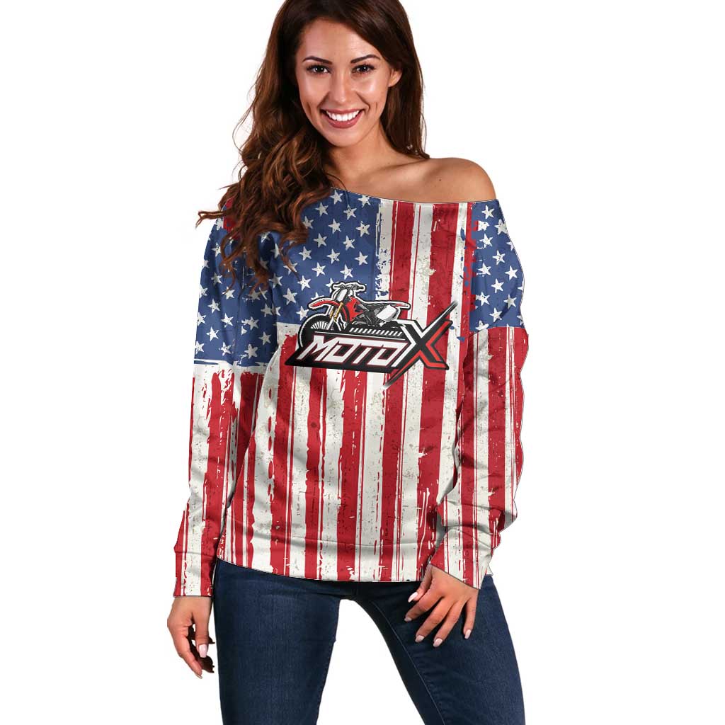 Personalized Motocross Rider Off Shoulder Sweater with American Flag and Thin Blue Line Pattern - Wonder Print Shop
