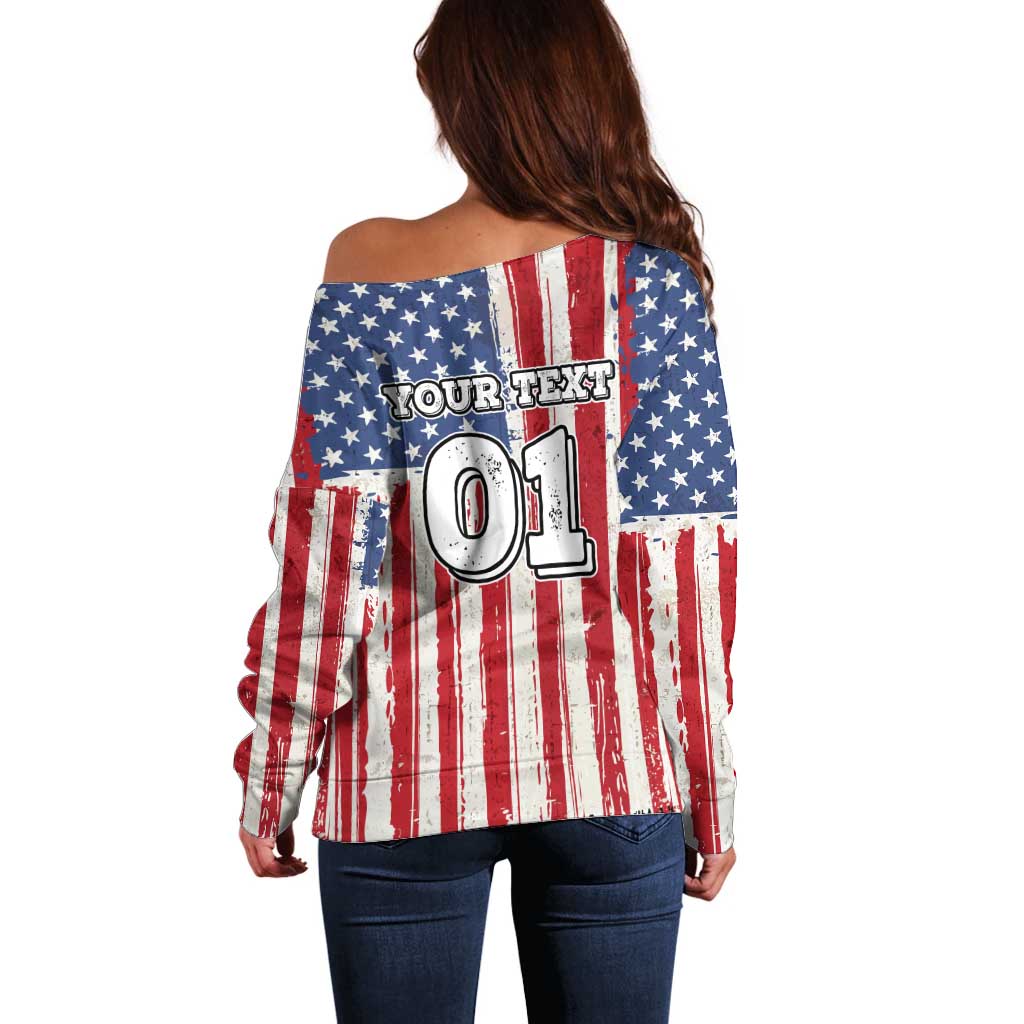 Personalized Motocross Rider Off Shoulder Sweater with American Flag and Thin Blue Line Pattern - Wonder Print Shop