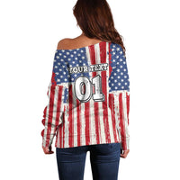 Personalized Motocross Rider Off Shoulder Sweater with American Flag and Thin Blue Line Pattern - Wonder Print Shop