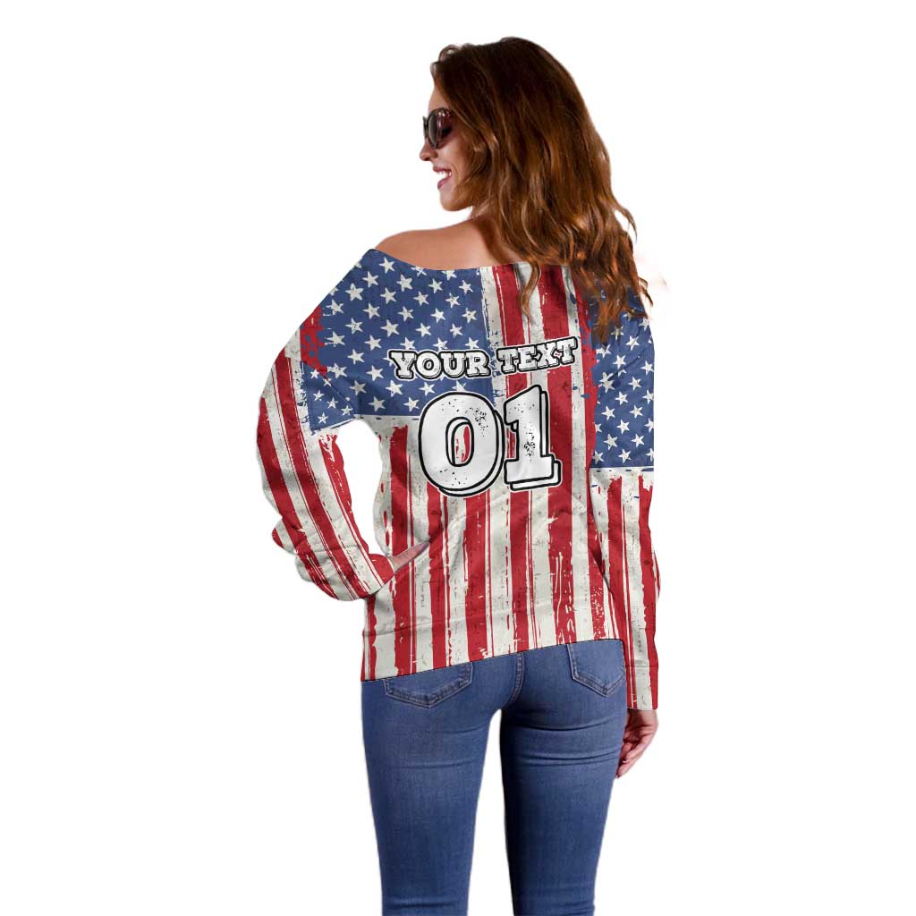 Personalized Motocross Rider Off Shoulder Sweater with American Flag and Thin Blue Line Pattern - Wonder Print Shop