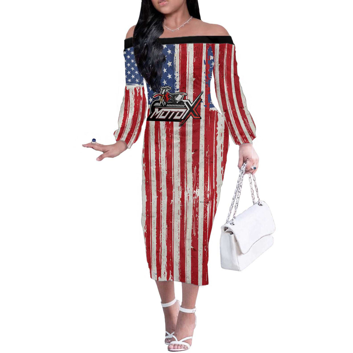 Personalized Motocross Rider Off The Shoulder Long Sleeve Dress with American Flag and Thin Blue Line Pattern - Wonder Print Shop
