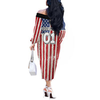Personalized Motocross Rider Off The Shoulder Long Sleeve Dress with American Flag and Thin Blue Line Pattern - Wonder Print Shop