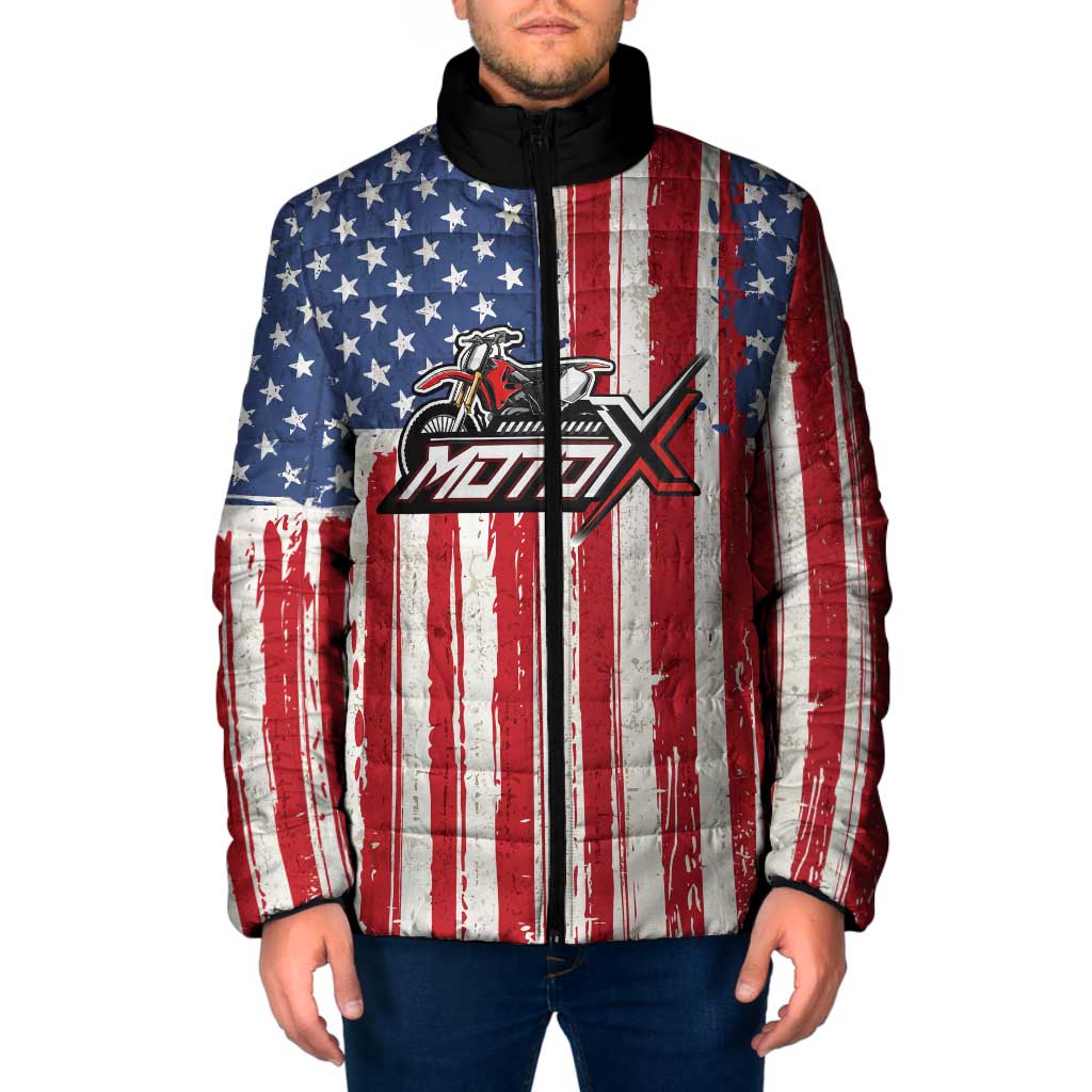 Personalized Motocross Rider Padded Jacket with American Flag and Thin Blue Line Pattern - Wonder Print Shop