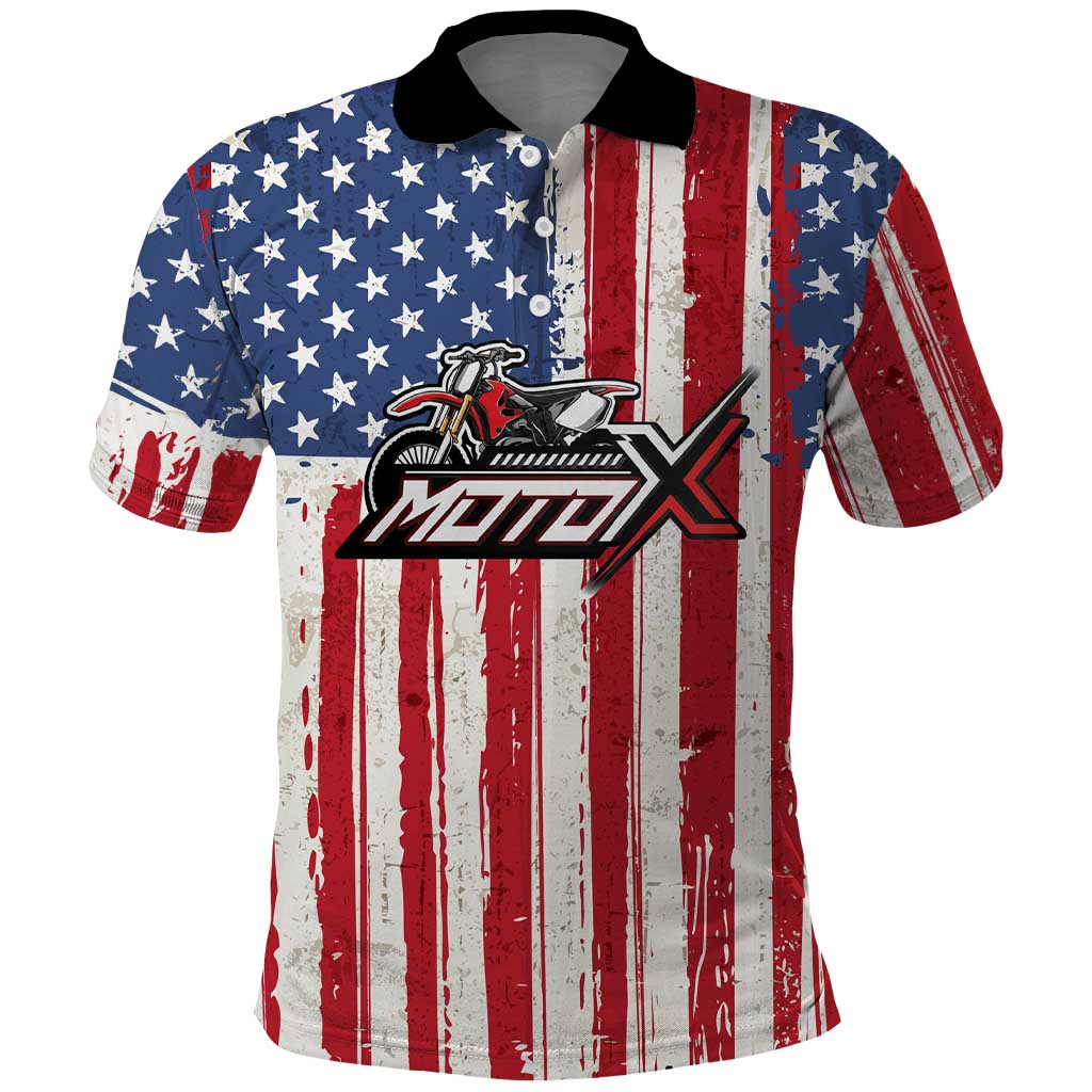 Personalized Motocross Rider Polo Shirt with American Flag and Thin Blue Line Pattern - Wonder Print Shop