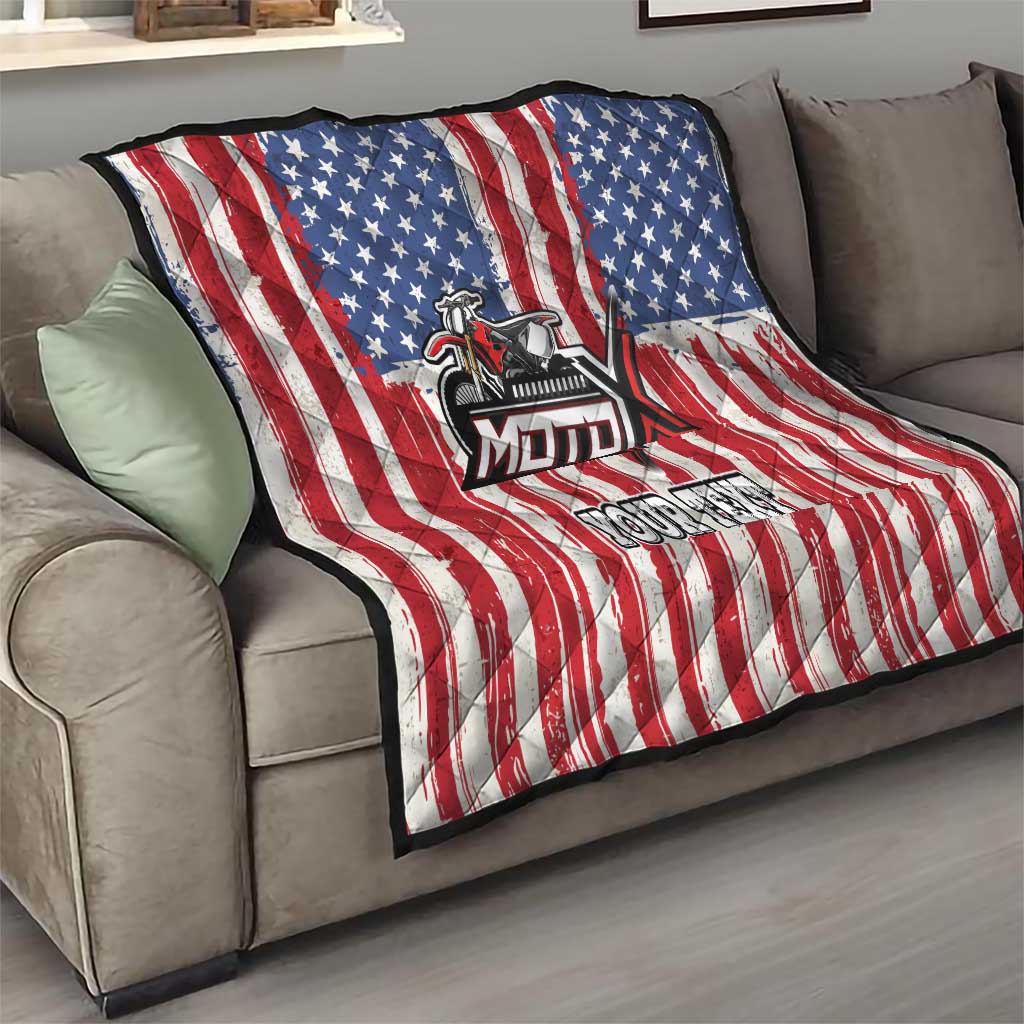 Personalized Motocross Rider Quilt with American Flag and Thin Blue Line Pattern - Wonder Print Shop