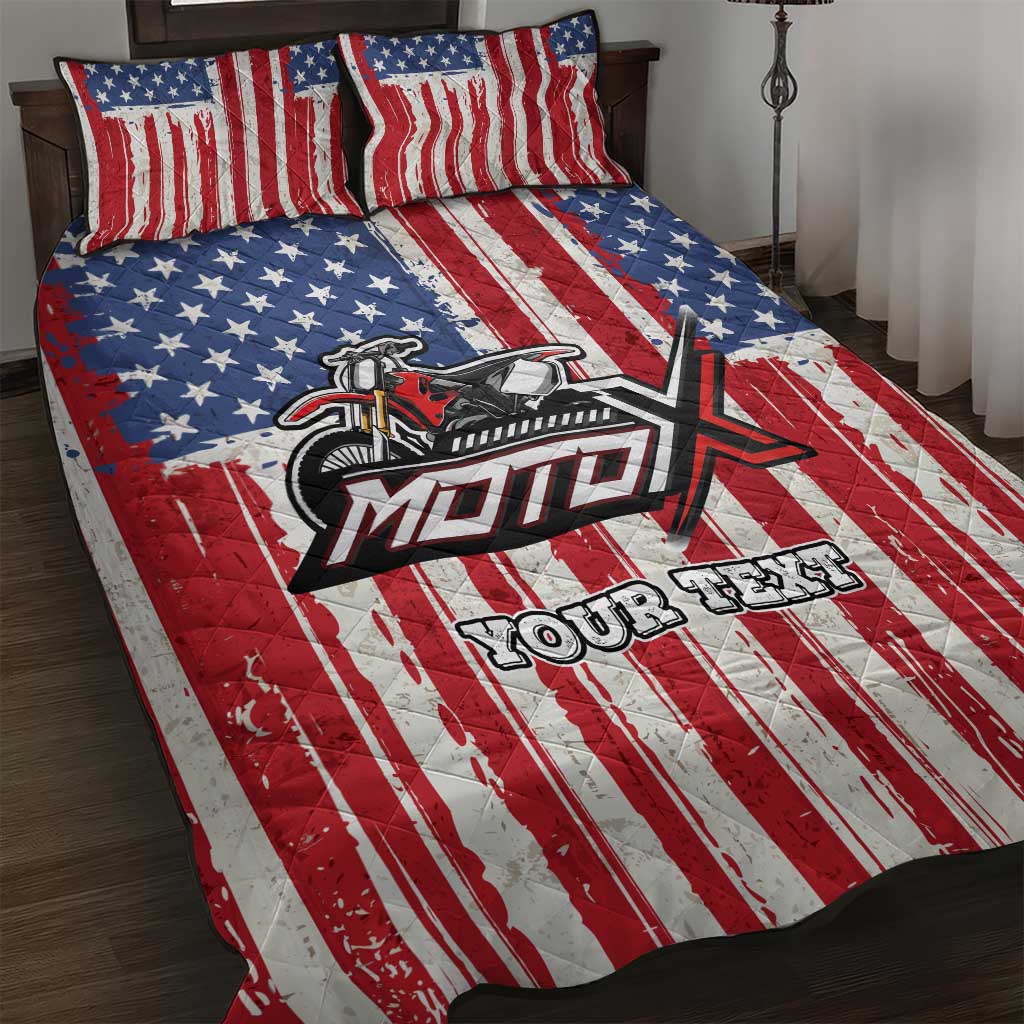 Personalized Motocross Rider Quilt Bed Set with American Flag and Thin Blue Line Pattern - Wonder Print Shop