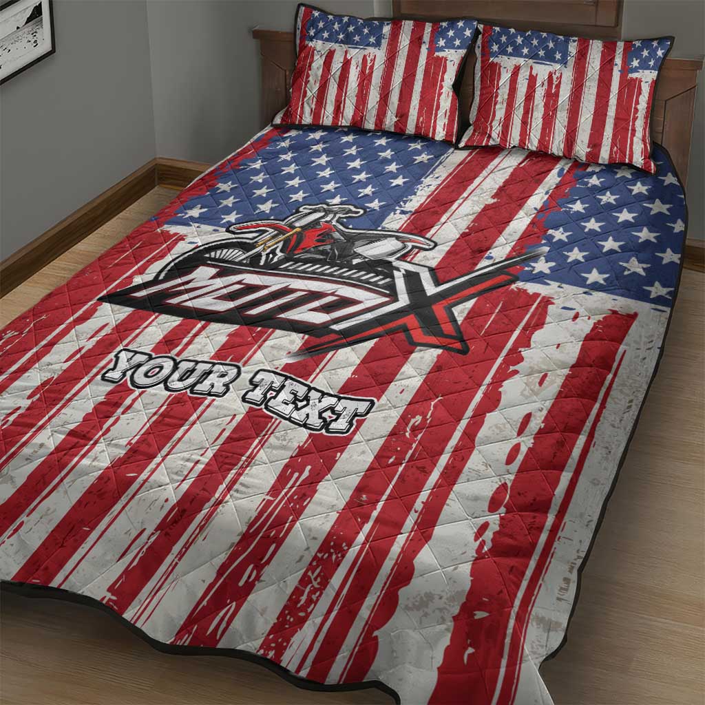Personalized Motocross Rider Quilt Bed Set with American Flag and Thin Blue Line Pattern - Wonder Print Shop