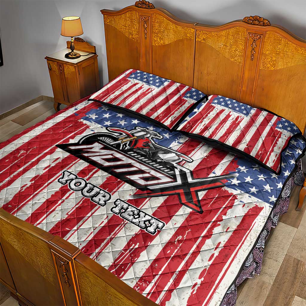 Personalized Motocross Rider Quilt Bed Set with American Flag and Thin Blue Line Pattern - Wonder Print Shop