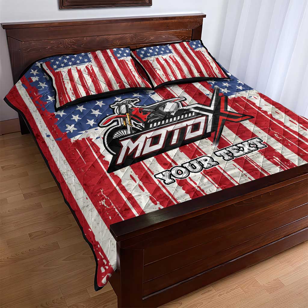 Personalized Motocross Rider Quilt Bed Set with American Flag and Thin Blue Line Pattern - Wonder Print Shop