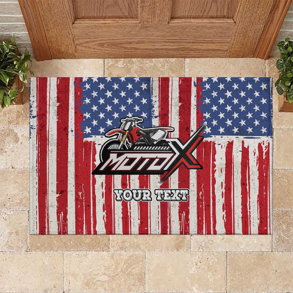 Personalized Motocross Rider Rubber Doormat with American Flag and Thin Blue Line Pattern - Wonder Print Shop