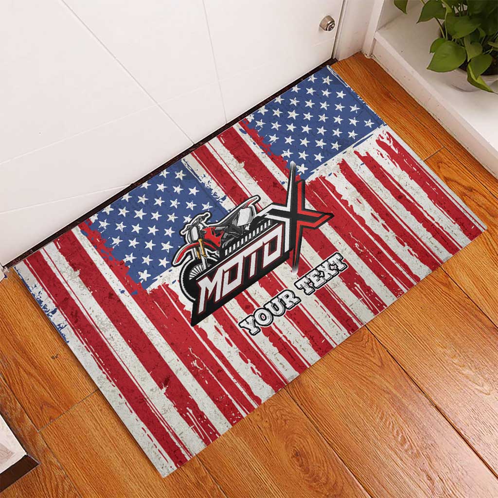 Personalized Motocross Rider Rubber Doormat with American Flag and Thin Blue Line Pattern - Wonder Print Shop