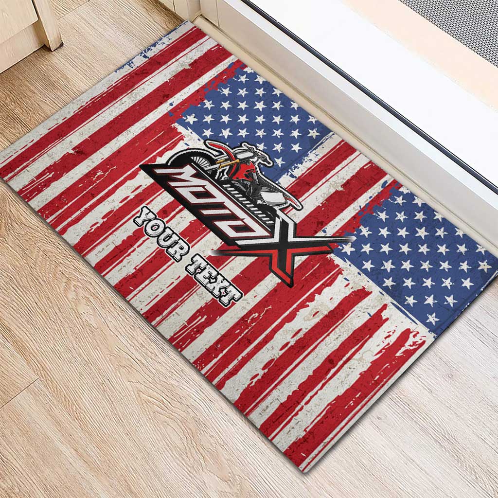 Personalized Motocross Rider Rubber Doormat with American Flag and Thin Blue Line Pattern - Wonder Print Shop