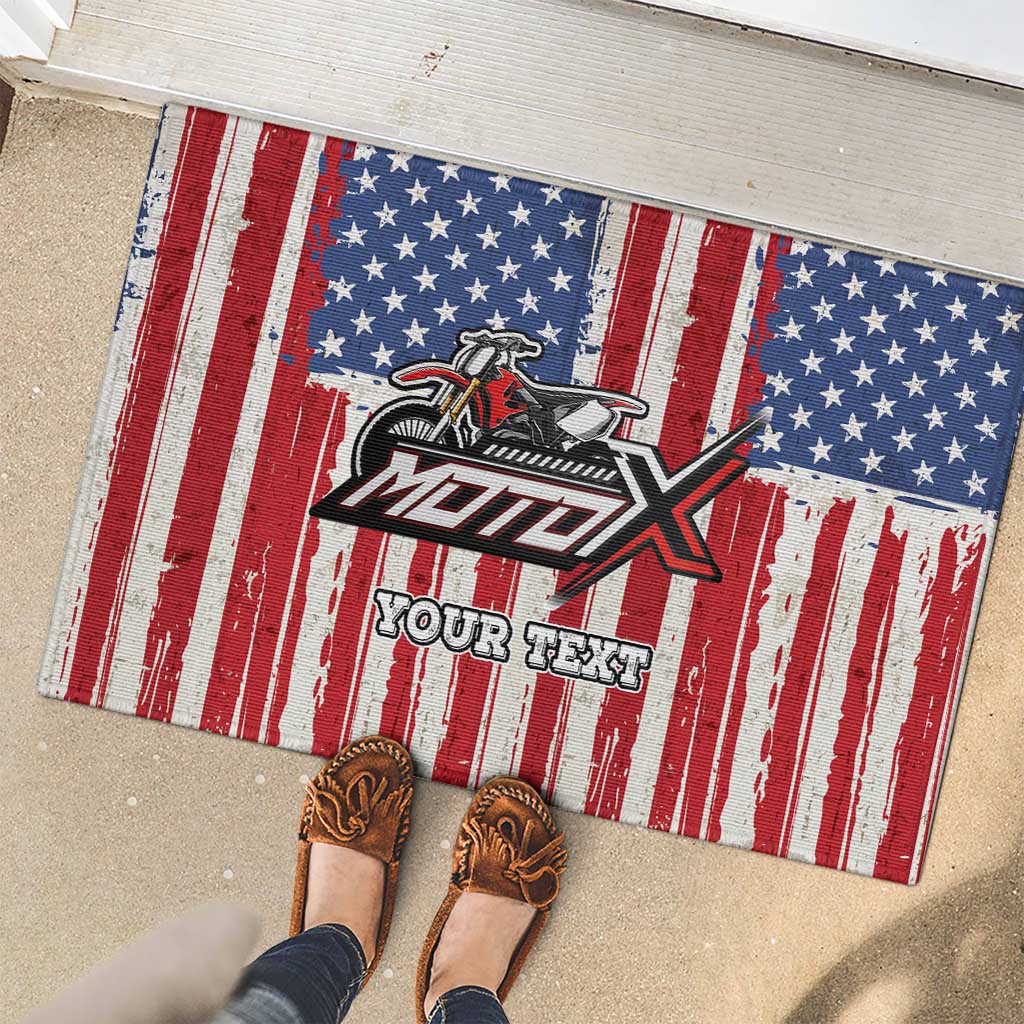 Personalized Motocross Rider Rubber Doormat with American Flag and Thin Blue Line Pattern - Wonder Print Shop