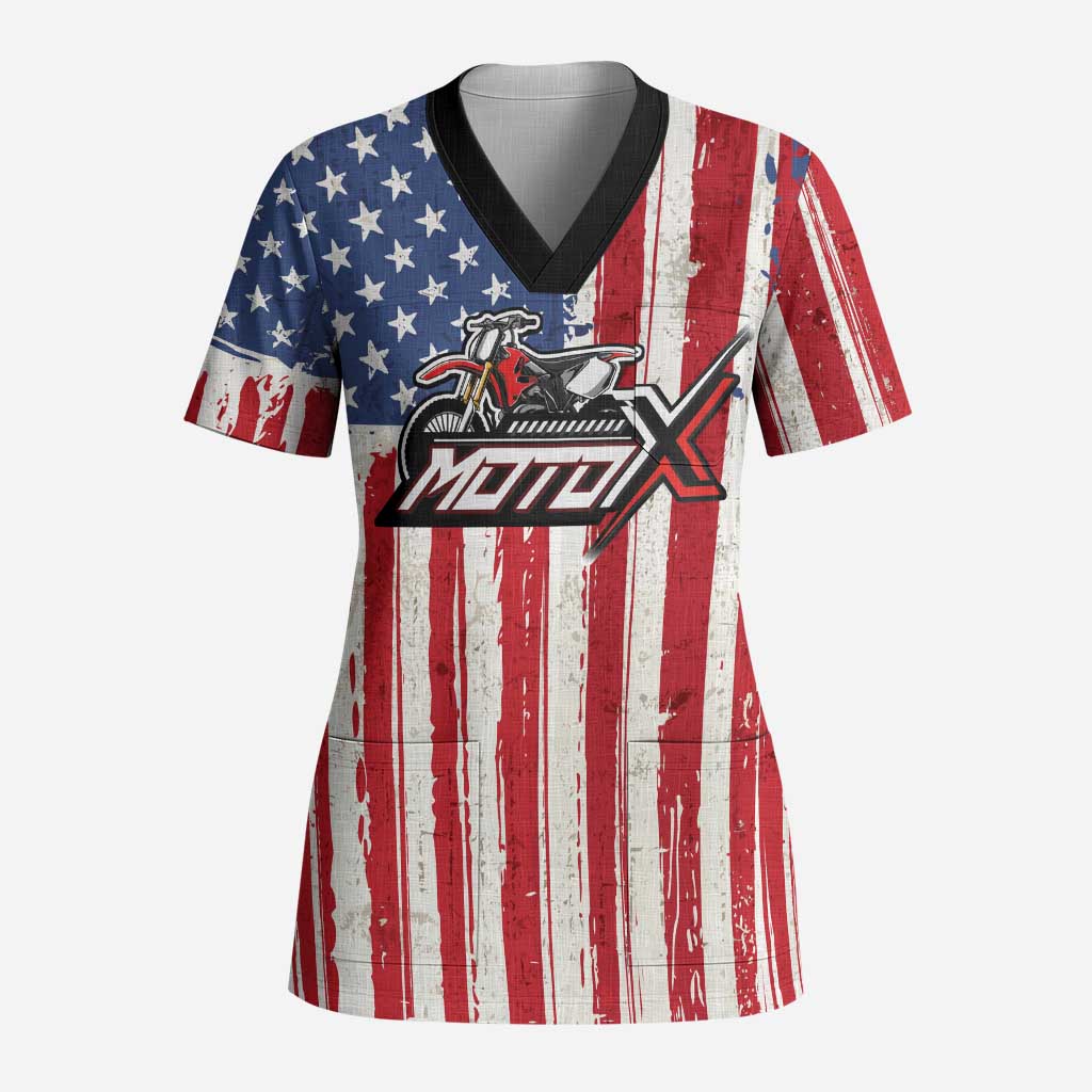 Personalized Motocross Rider Scrub Top with American Flag and Thin Blue Line Pattern - Wonder Print Shop