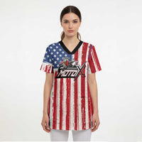 Personalized Motocross Rider Scrub Top with American Flag and Thin Blue Line Pattern - Wonder Print Shop