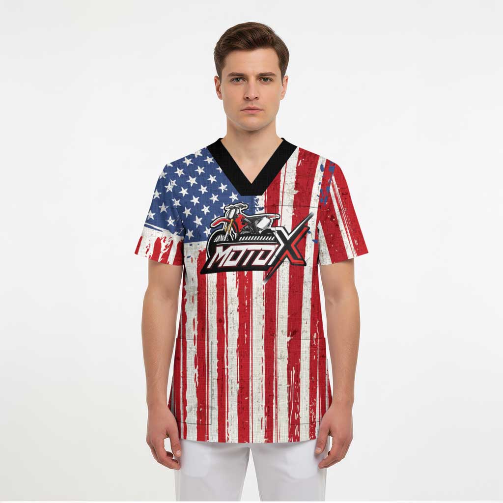 Personalized Motocross Rider Scrub Top with American Flag and Thin Blue Line Pattern - Wonder Print Shop