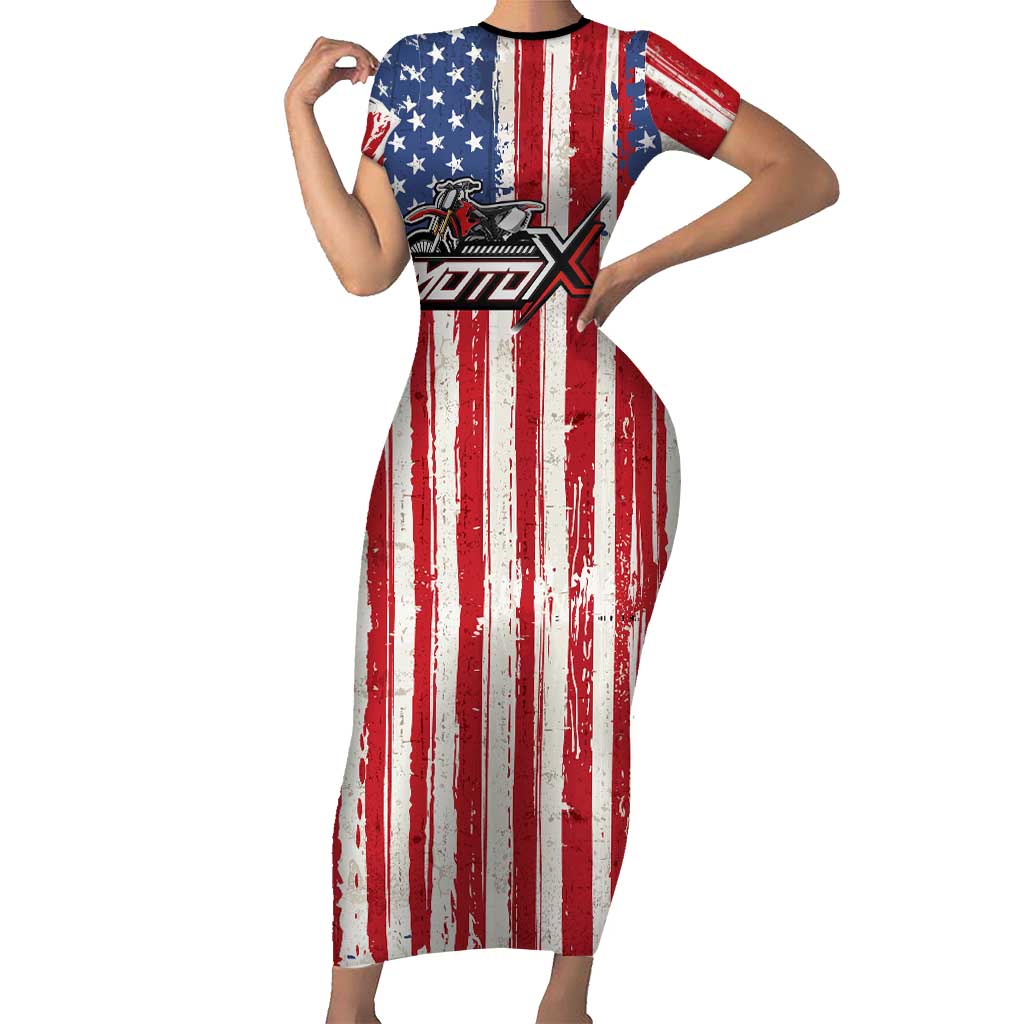 Personalized Motocross Rider Short Sleeve Bodycon Dress with American Flag and Thin Blue Line Pattern - Wonder Print Shop