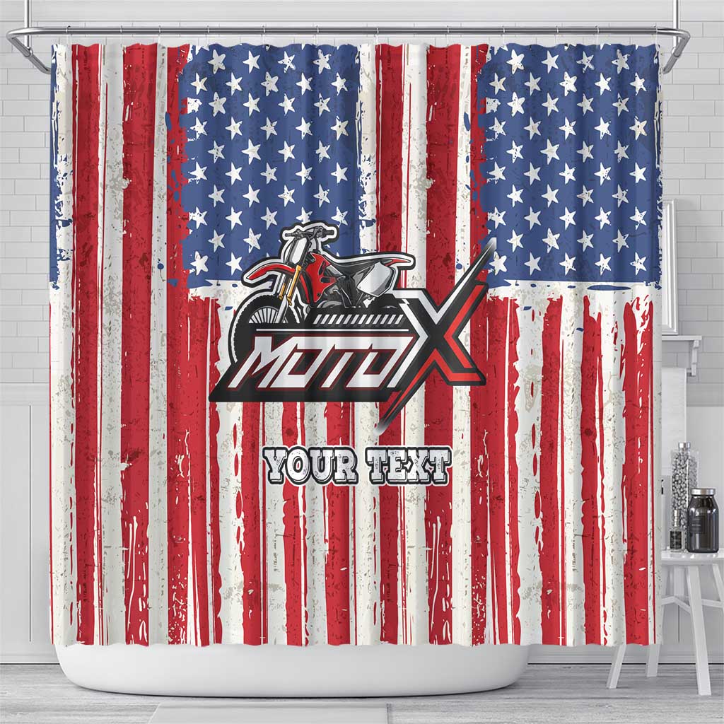 Personalized Motocross Rider Shower Curtain with American Flag and Thin Blue Line Pattern - Wonder Print Shop