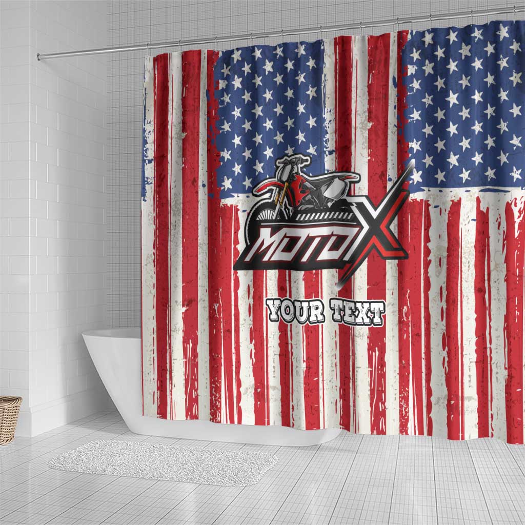 Personalized Motocross Rider Shower Curtain with American Flag and Thin Blue Line Pattern - Wonder Print Shop