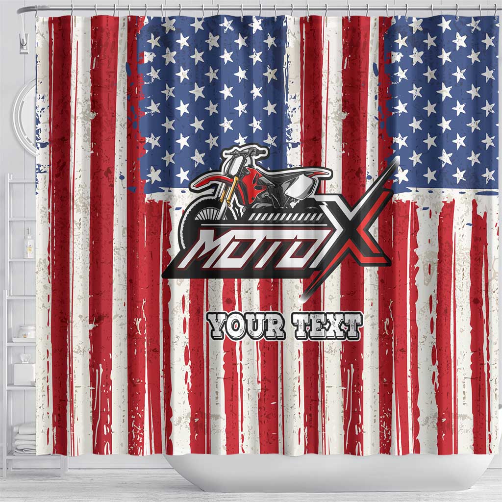 Personalized Motocross Rider Shower Curtain with American Flag and Thin Blue Line Pattern - Wonder Print Shop