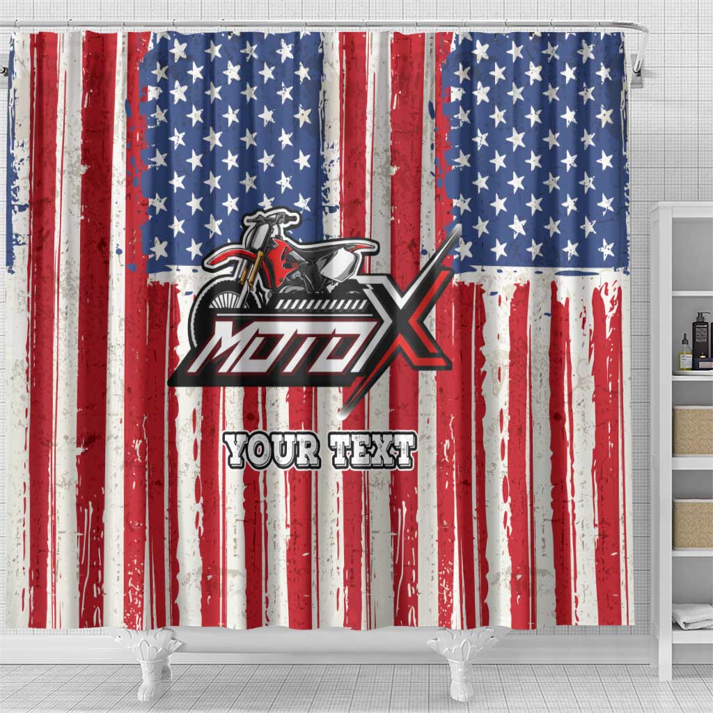Personalized Motocross Rider Shower Curtain with American Flag and Thin Blue Line Pattern - Wonder Print Shop