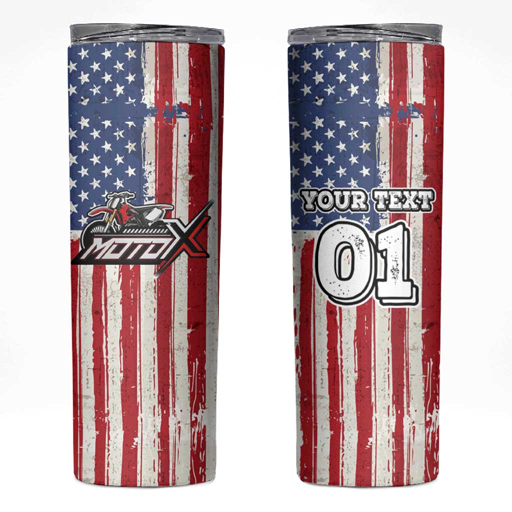 Personalized Motocross Rider Skinny Tumbler with American Flag and Thin Blue Line Pattern - Wonder Print Shop