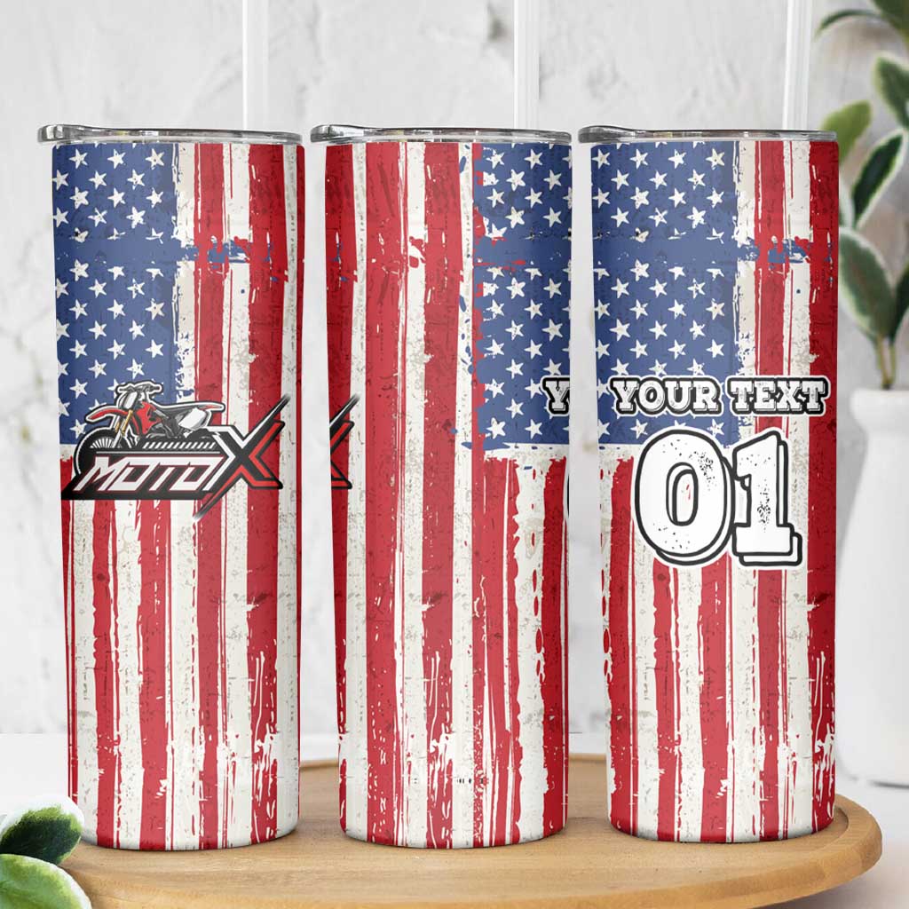 Personalized Motocross Rider Skinny Tumbler with American Flag and Thin Blue Line Pattern - Wonder Print Shop