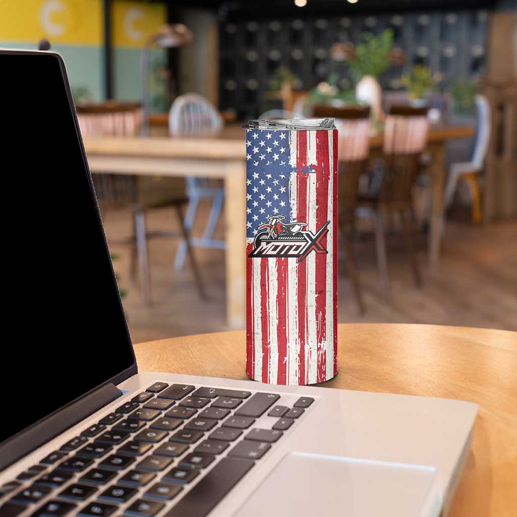 Personalized Motocross Rider Skinny Tumbler with American Flag and Thin Blue Line Pattern - Wonder Print Shop