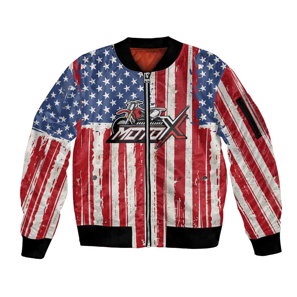 Personalized Motocross Rider Sleeve Zip Bomber Jacket with American Flag and Thin Blue Line Pattern - Wonder Print Shop