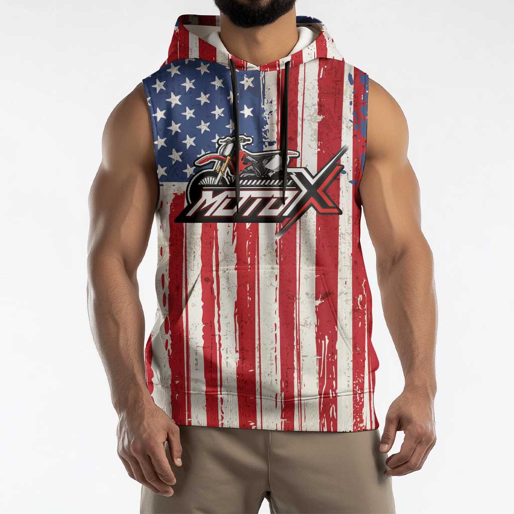 Personalized Motocross Rider Sleeveless Hoodie with American Flag and Thin Blue Line Pattern - Wonder Print Shop