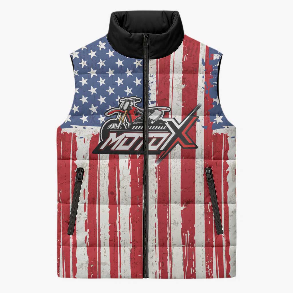 Personalized Motocross Rider Sleeveless Puffer Jacket with American Flag and Thin Blue Line Pattern - Wonder Print Shop