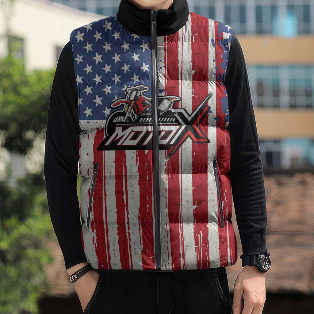 Personalized Motocross Rider Sleeveless Puffer Jacket with American Flag and Thin Blue Line Pattern - Wonder Print Shop