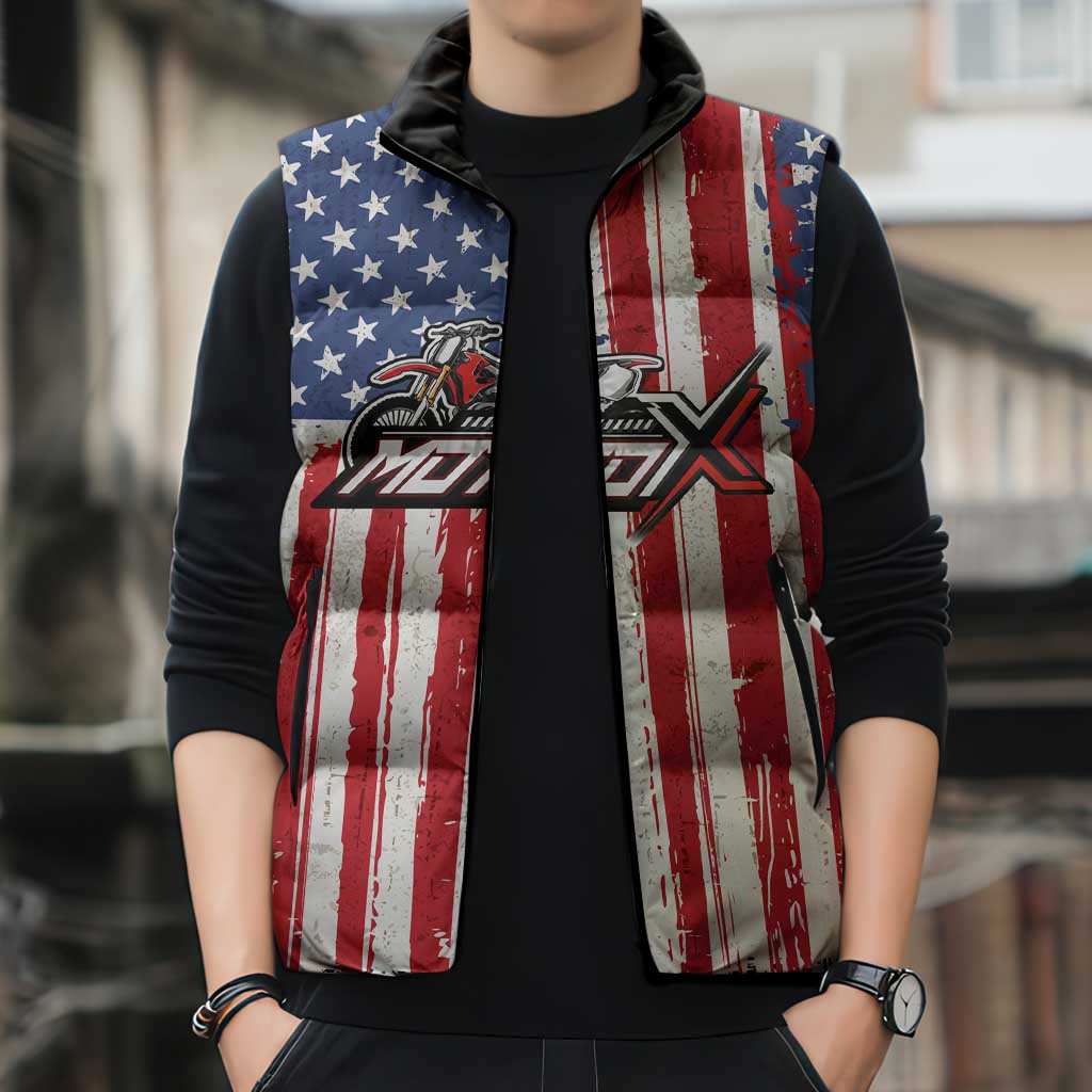 Personalized Motocross Rider Sleeveless Puffer Jacket with American Flag and Thin Blue Line Pattern - Wonder Print Shop