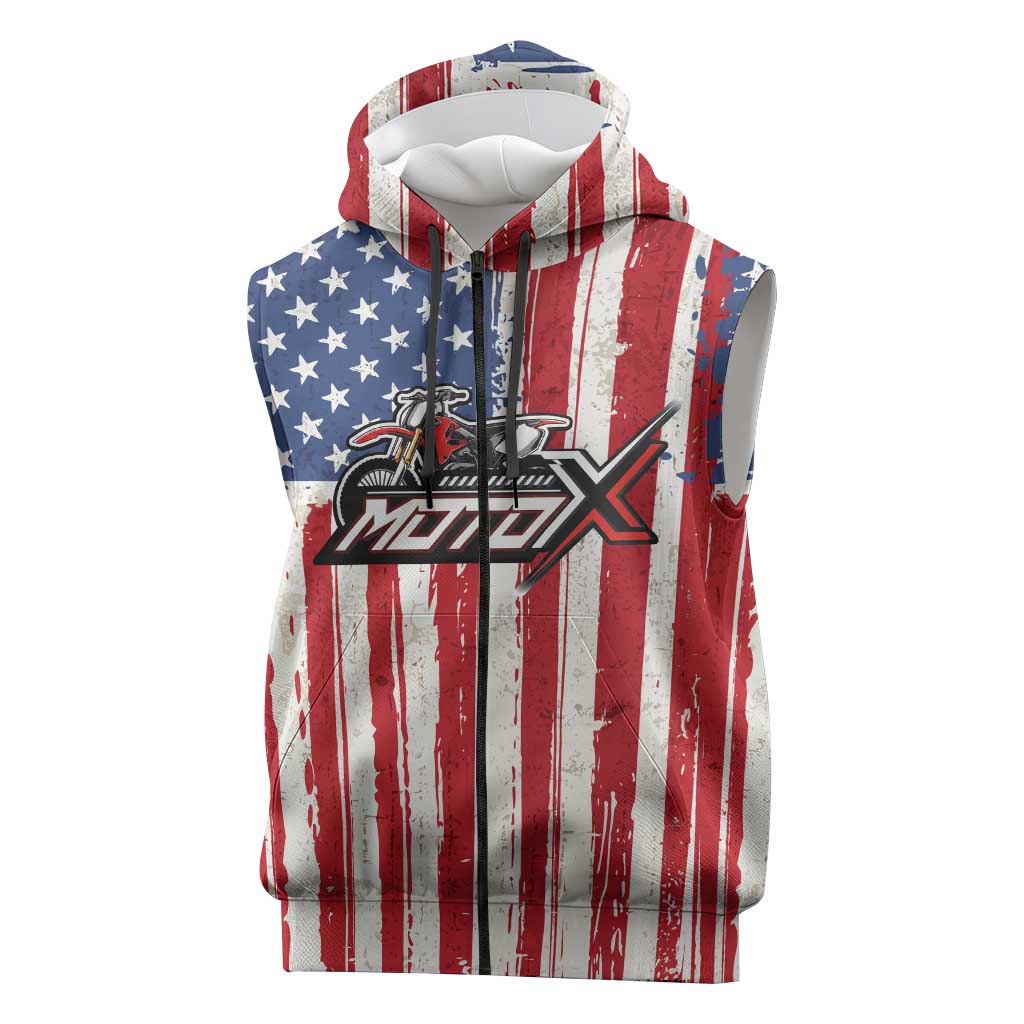 Personalized Motocross Rider Sleeveless Zip Hoodie with American Flag and Thin Blue Line Pattern - Wonder Print Shop