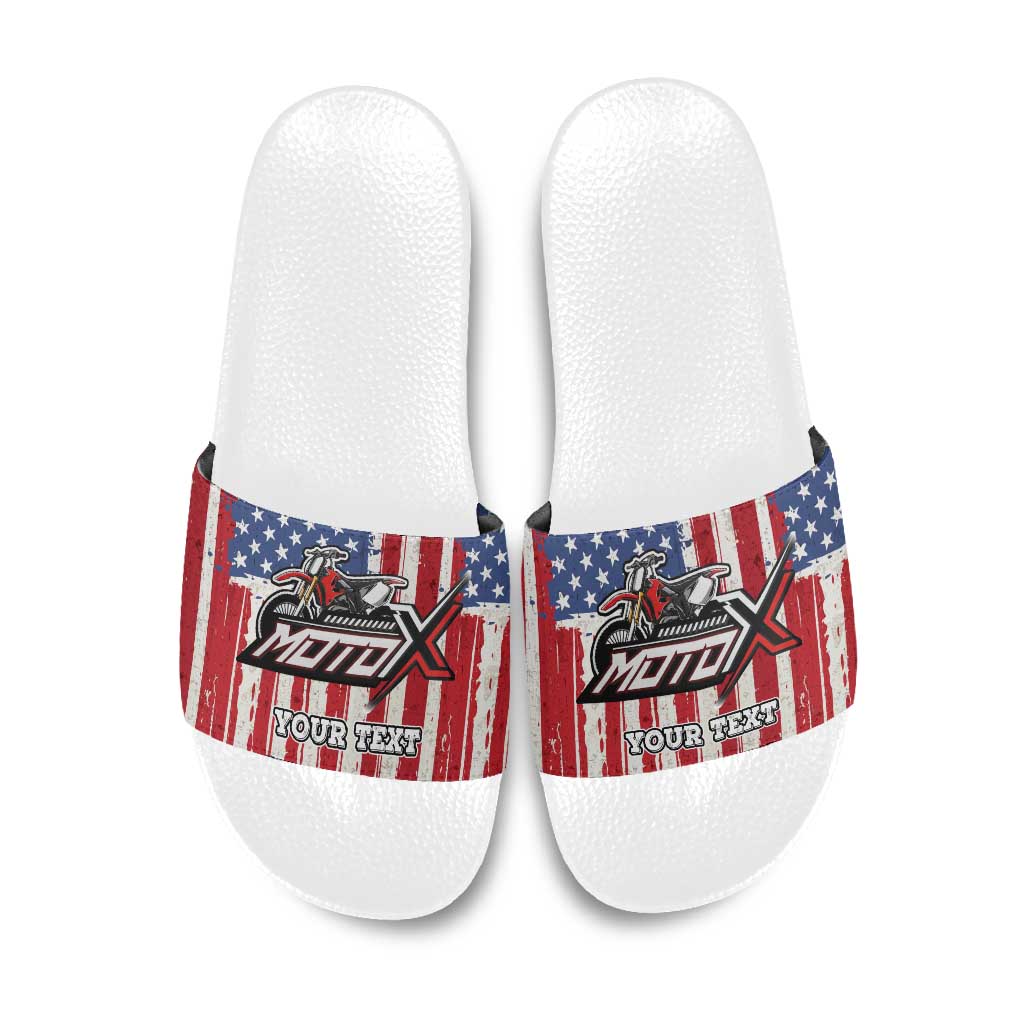 Personalized Motocross Rider Slide Sandals with American Flag and Thin Blue Line Pattern - Wonder Print Shop