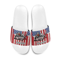 Personalized Motocross Rider Slide Sandals with American Flag and Thin Blue Line Pattern - Wonder Print Shop