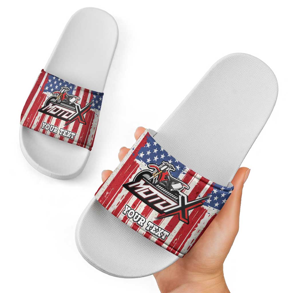 Personalized Motocross Rider Slide Sandals with American Flag and Thin Blue Line Pattern - Wonder Print Shop