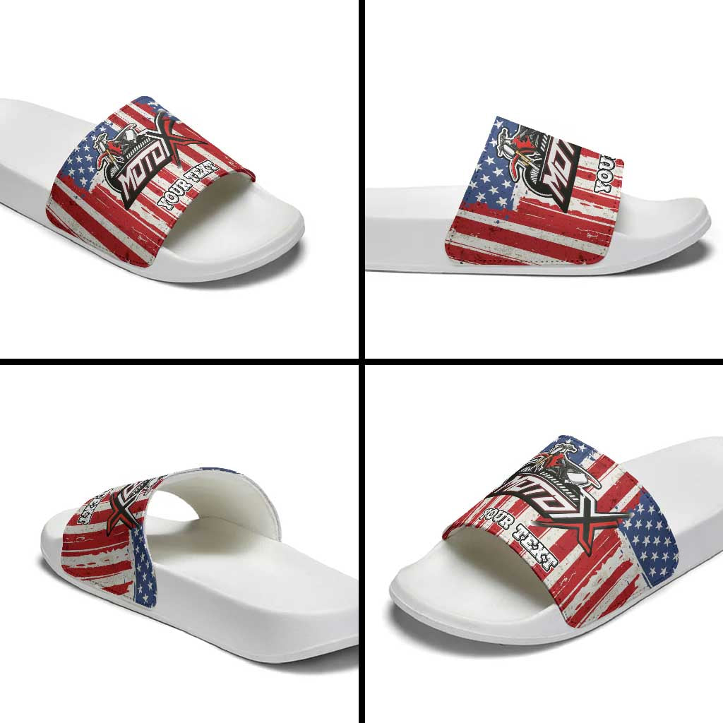 Personalized Motocross Rider Slide Sandals with American Flag and Thin Blue Line Pattern - Wonder Print Shop