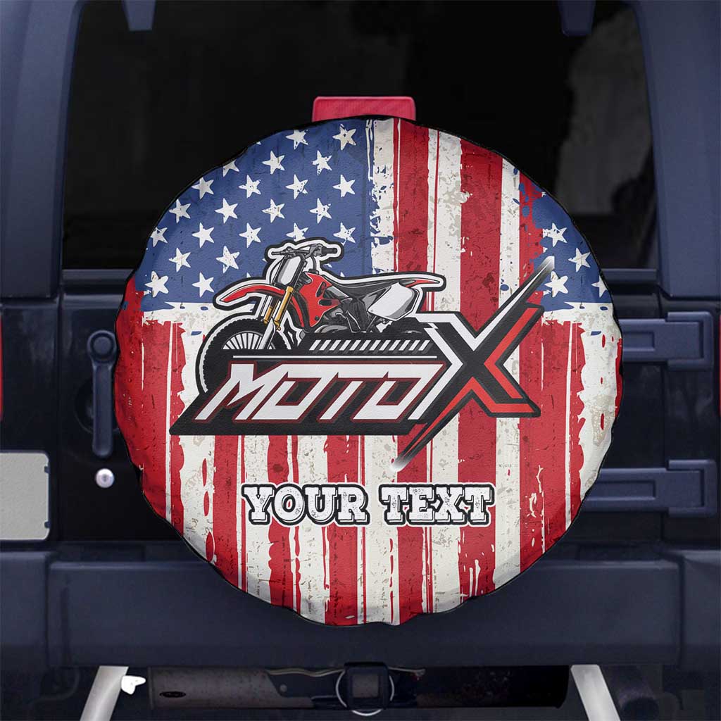 Personalized Motocross Rider Spare Tire Cover with American Flag and Thin Blue Line Pattern - Wonder Print Shop