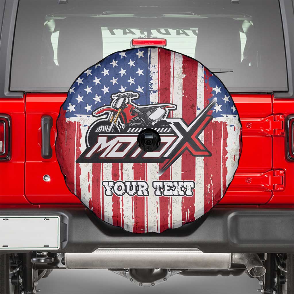 Personalized Motocross Rider Spare Tire Cover with American Flag and Thin Blue Line Pattern - Wonder Print Shop
