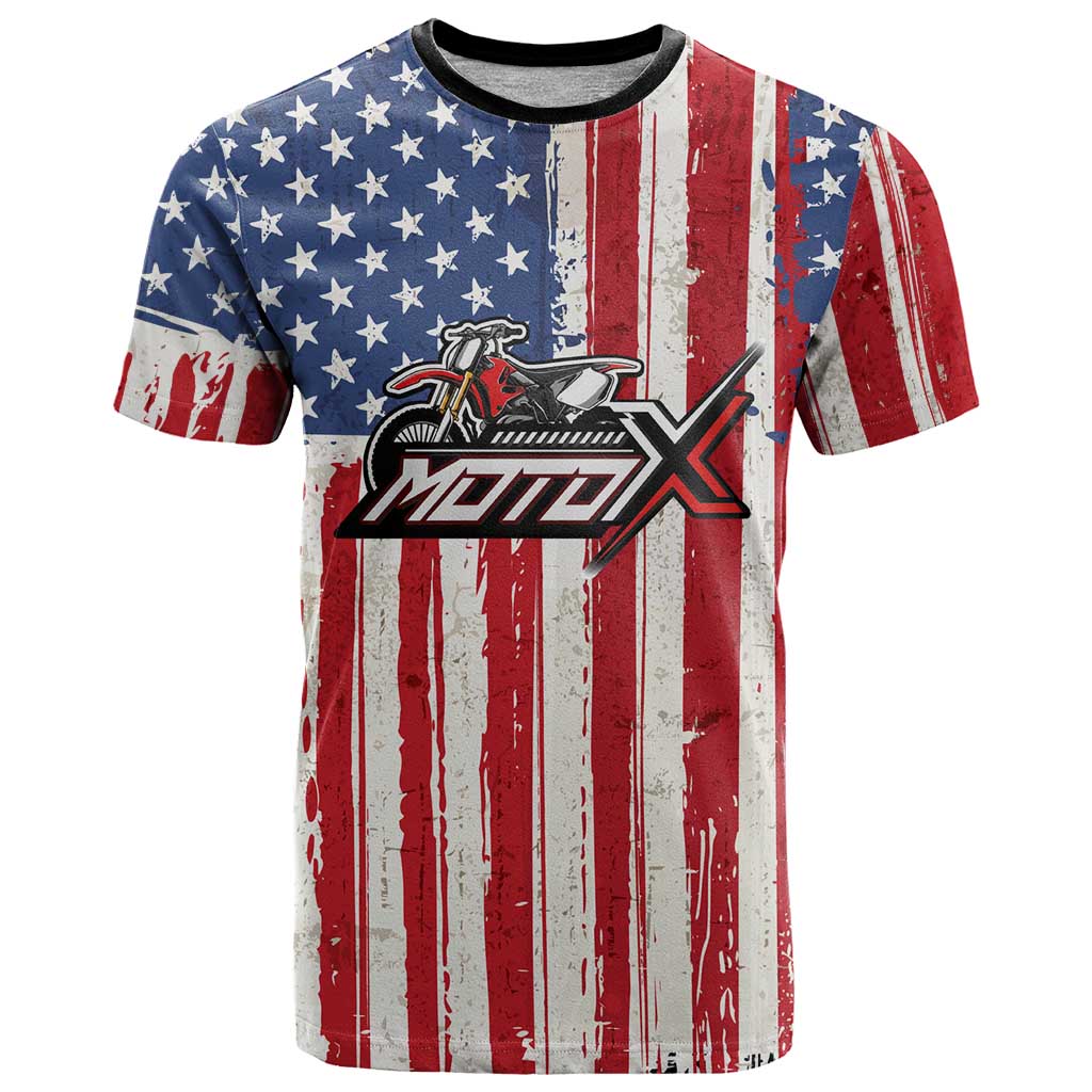 Personalized Motocross Rider T Shirt with American Flag and Thin Blue Line Pattern - Wonder Print Shop